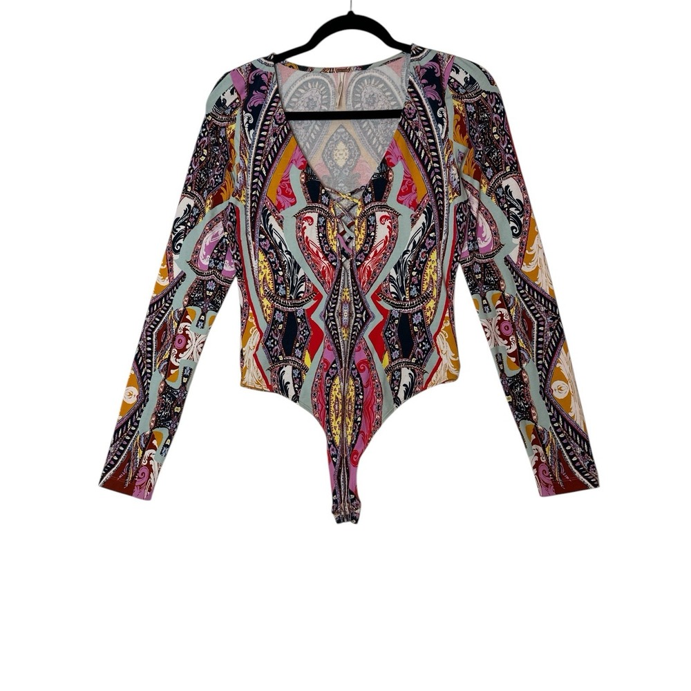 Free People Bodysuit Top Womens Small‎ Bright Colorful Stretch Long Sleeve Boho - Picture 2 of 8